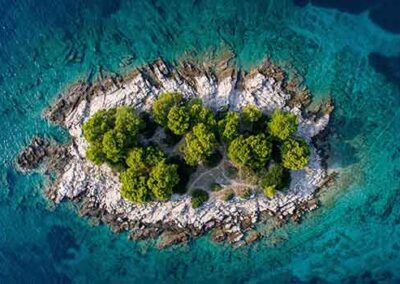 Aerial view of pine forest coastline in Croatia with crystal-clear Adriatic waters.