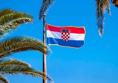 Croatian flag waving under a clear blue sky surrounded by palm trees.